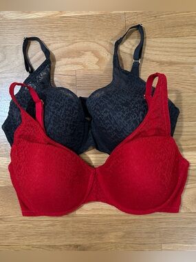 2 - Natori Pretty Smooth Lace T-Shirt Bra - Red and Black